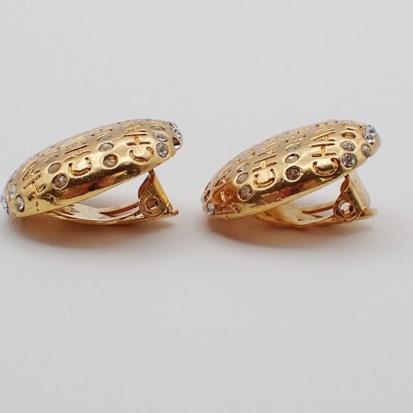 CHANEL Logo Rhinestones Earrings Clip-on Gold France Vintage 31RL407 - Picture 10 of 13